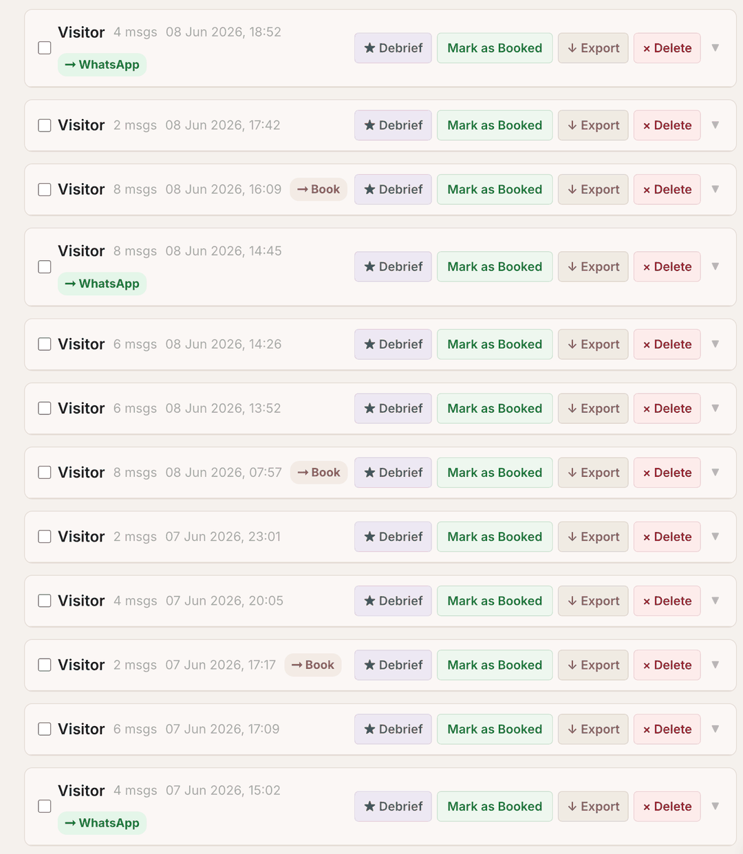 Live chat log showing visitors taking action